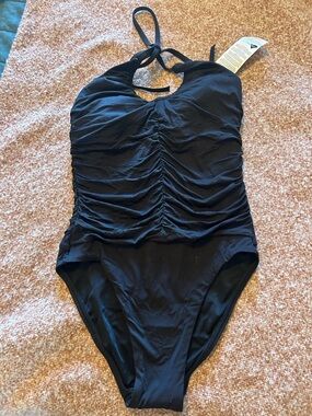 Lands' End Black One-Piece Swimsuit with Ruched Detail